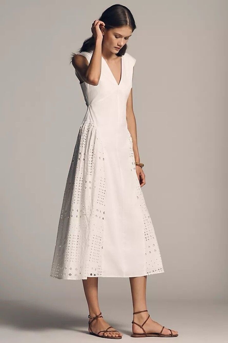 Anthropologie En Elly V-Neck Drop-Waist Pleated Midi Dress